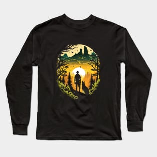 Man & Dog Hiking At Sunset Long Sleeve T-Shirt